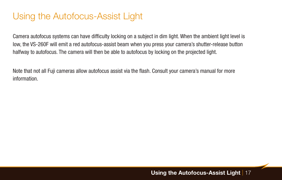 Using the autofocus-assist light | Bolt VS-260F Compact On-Camera Flash for Cameras User Manual | Page 17 / 24