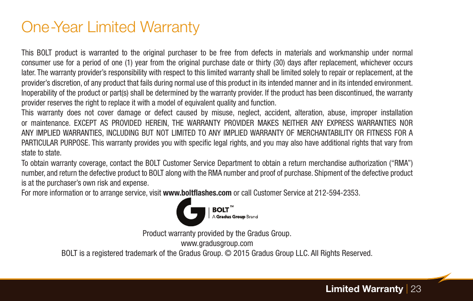 One-year limited warranty | Bolt VS-260F Compact On-Camera Flash for Cameras User Manual | Page 23 / 24