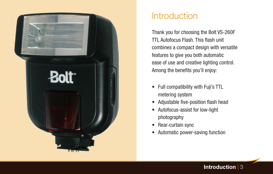 Introduction | Bolt VS-260F Compact On-Camera Flash for Cameras User Manual | Page 3 / 24