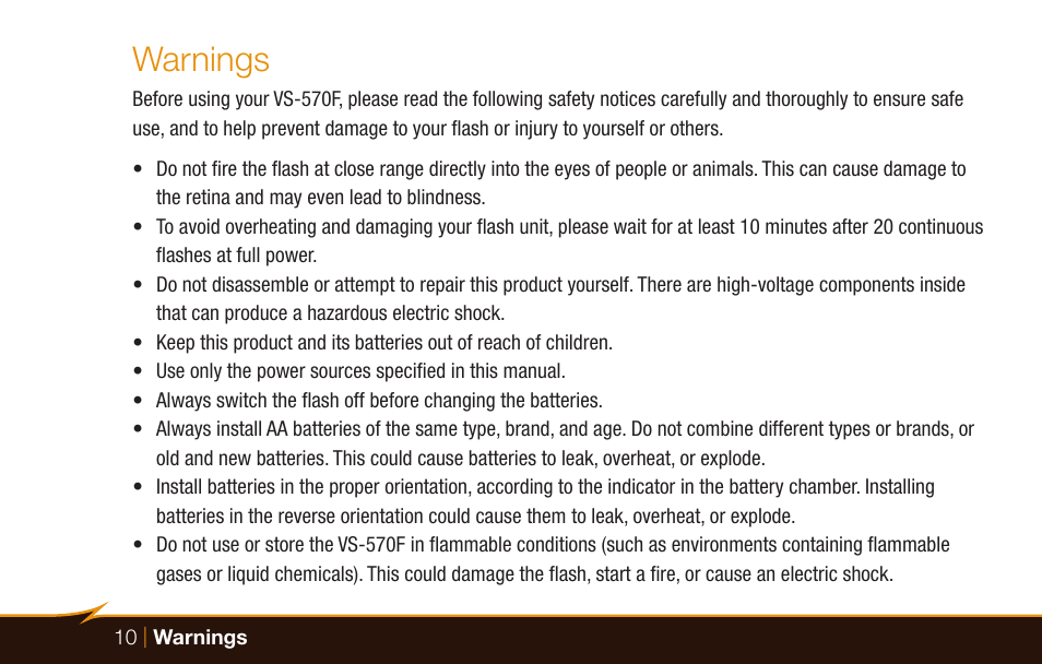 Warnings | Bolt VS-570F Wireless TTL Flash for Cameras User Manual | Page 10 / 36