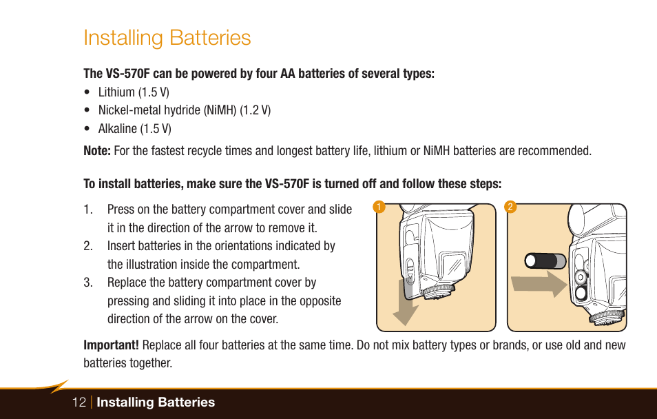Installing batteries | Bolt VS-570F Wireless TTL Flash for Cameras User Manual | Page 12 / 36