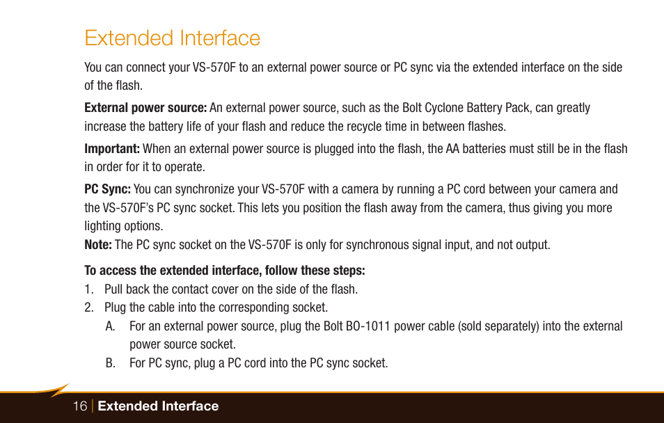 Extended interface | Bolt VS-570F Wireless TTL Flash for Cameras User Manual | Page 16 / 36