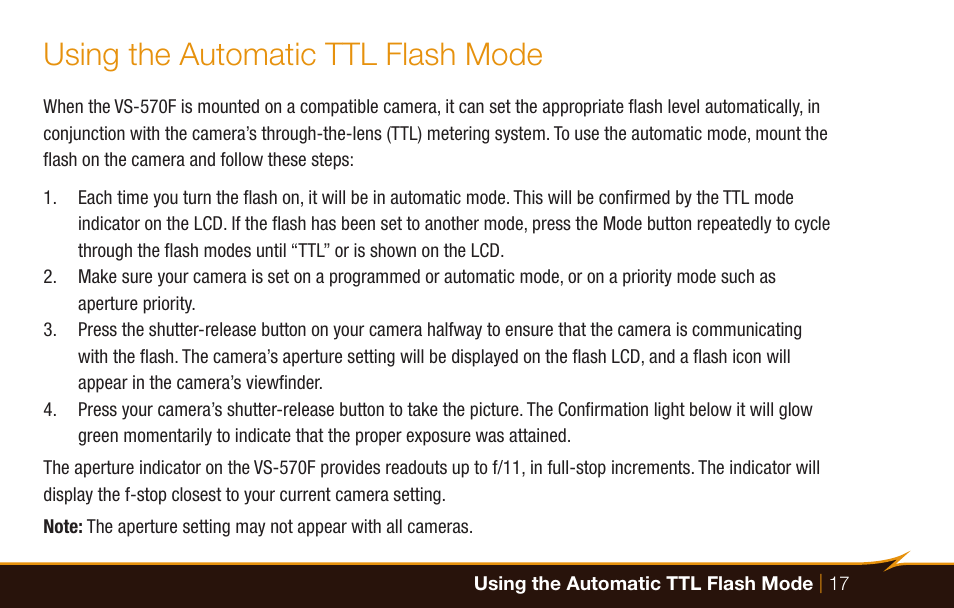 Using the automatic ttl flash mode | Bolt VS-570F Wireless TTL Flash for Cameras User Manual | Page 17 / 36