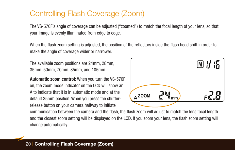 Controlling flash coverage (zoom) | Bolt VS-570F Wireless TTL Flash for Cameras User Manual | Page 20 / 36