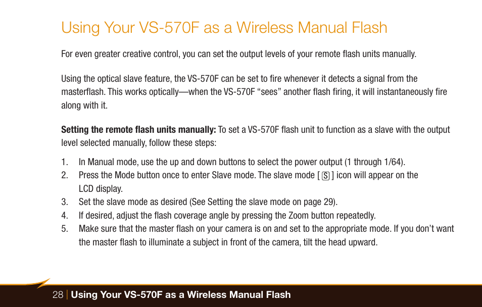 Using your vs-570f as a wireless manual flash | Bolt VS-570F Wireless TTL Flash for Cameras User Manual | Page 28 / 36