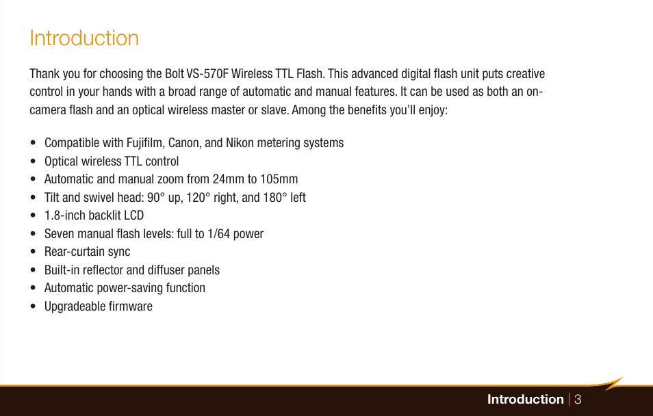Introduction | Bolt VS-570F Wireless TTL Flash for Cameras User Manual | Page 3 / 36
