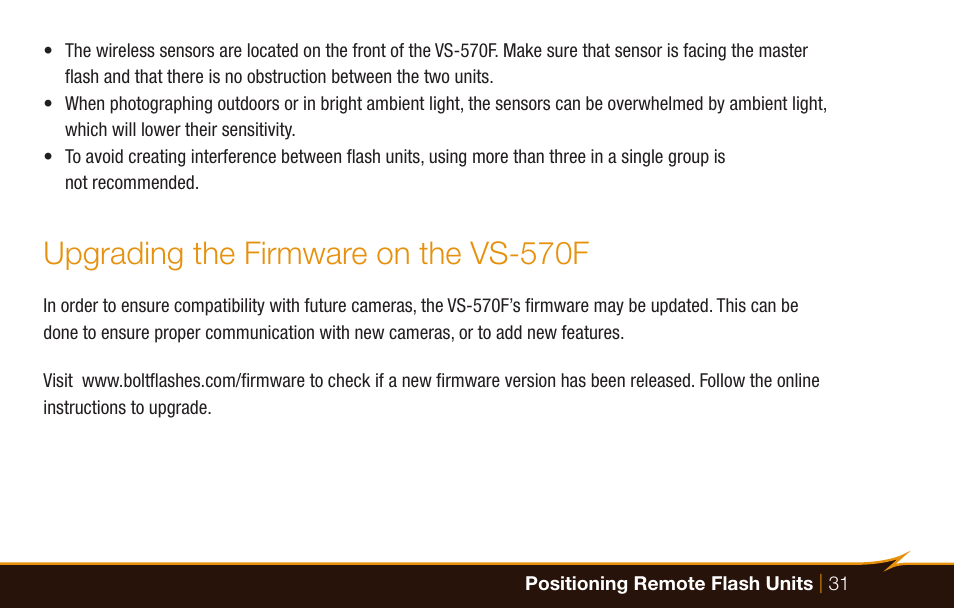 Upgrading the firmware on the vs-570f | Bolt VS-570F Wireless TTL Flash for Cameras User Manual | Page 31 / 36