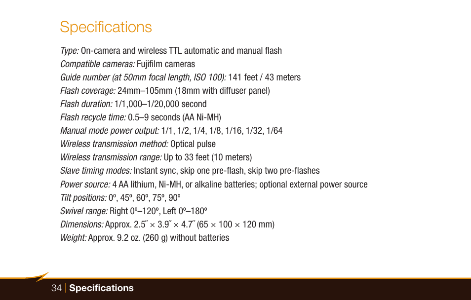 Specifications | Bolt VS-570F Wireless TTL Flash for Cameras User Manual | Page 34 / 36