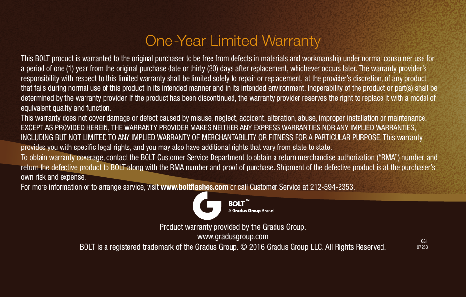 One-year limited warranty | Bolt VS-570F Wireless TTL Flash for Cameras User Manual | Page 36 / 36