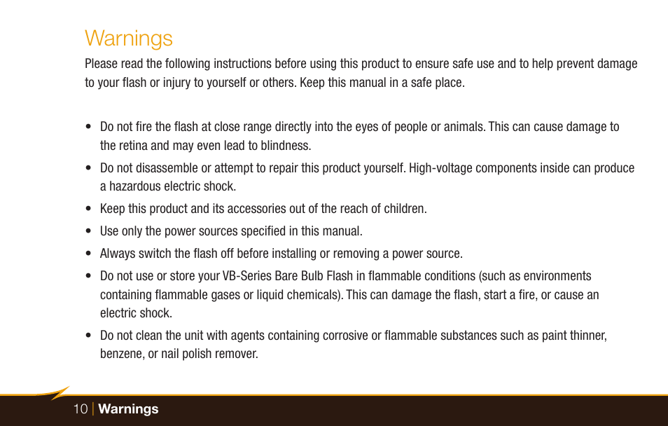 Warnings | Bolt VB-22 Bare-Bulb Flash User Manual | Page 10 / 36