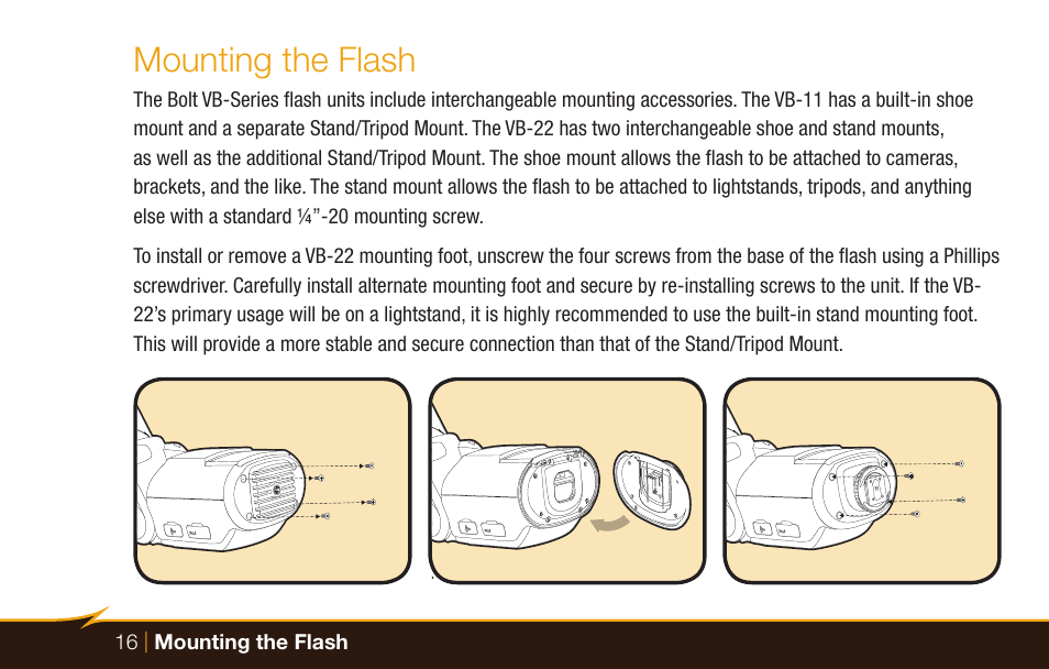 Mounting the flash | Bolt VB-22 Bare-Bulb Flash User Manual | Page 16 / 36