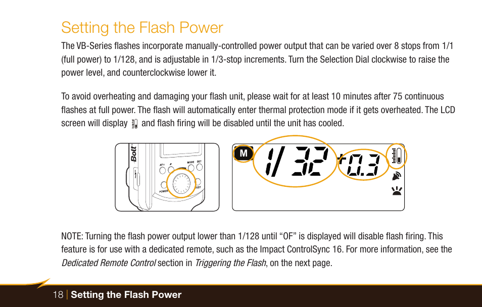 Setting the flash power, 18 | setting the flash power | Bolt VB-22 Bare-Bulb Flash User Manual | Page 18 / 36