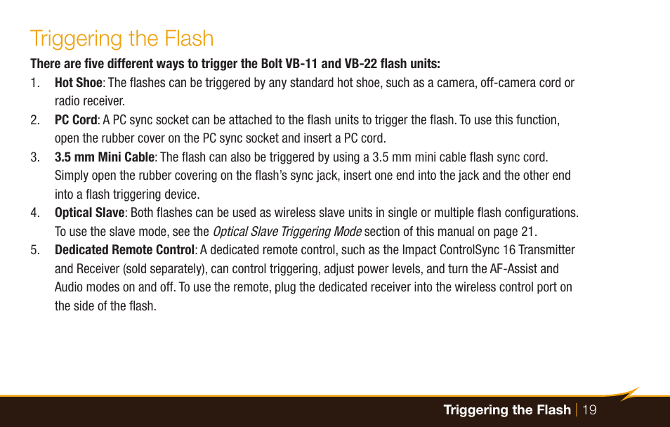 Triggering the flash | Bolt VB-22 Bare-Bulb Flash User Manual | Page 19 / 36