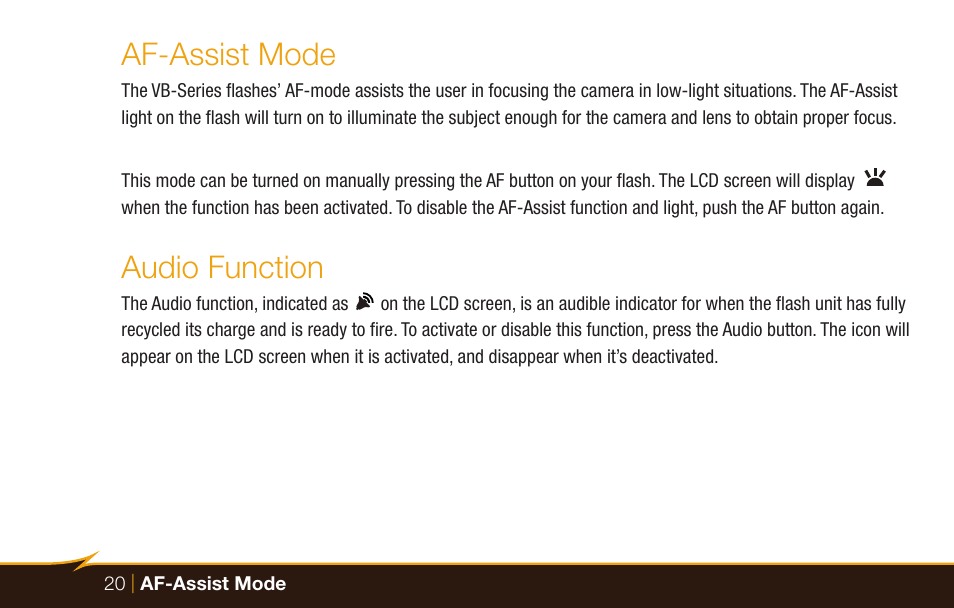 Af-assist mode, Audio function | Bolt VB-22 Bare-Bulb Flash User Manual | Page 20 / 36