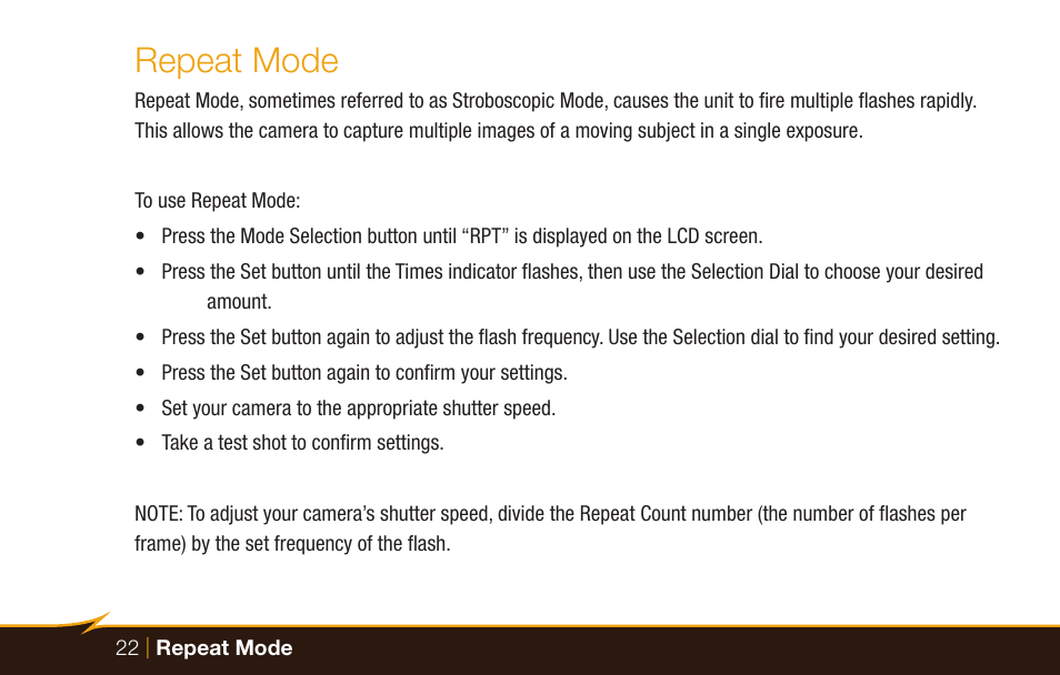 Repeat mode | Bolt VB-22 Bare-Bulb Flash User Manual | Page 22 / 36