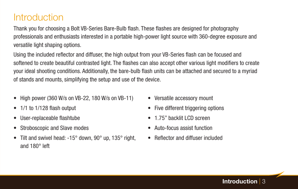 Introduction | Bolt VB-22 Bare-Bulb Flash User Manual | Page 3 / 36