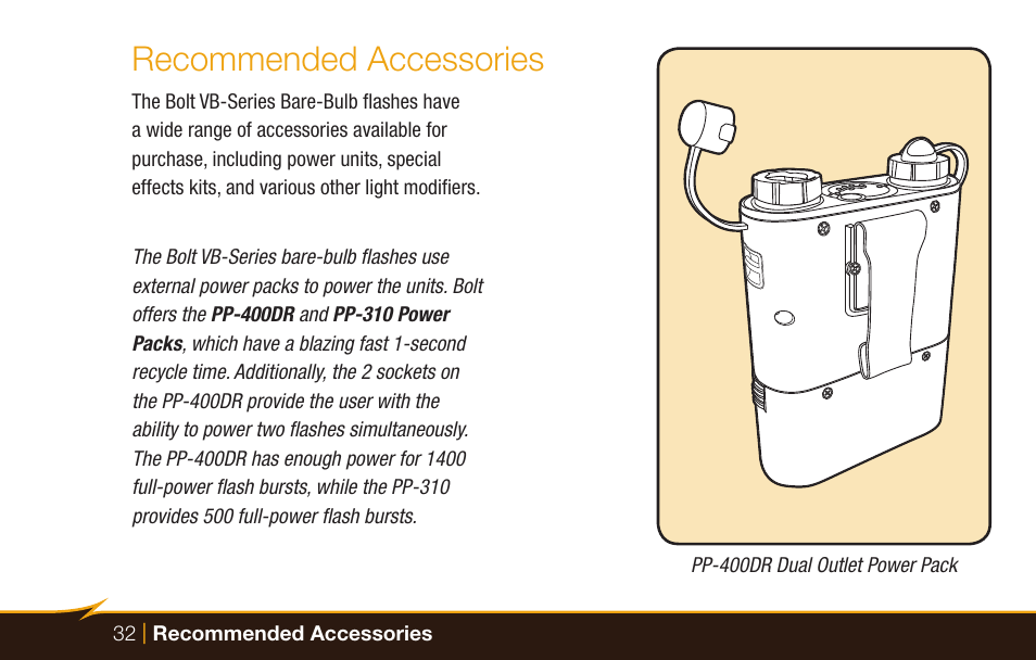 Recommended accessories | Bolt VB-22 Bare-Bulb Flash User Manual | Page 32 / 36