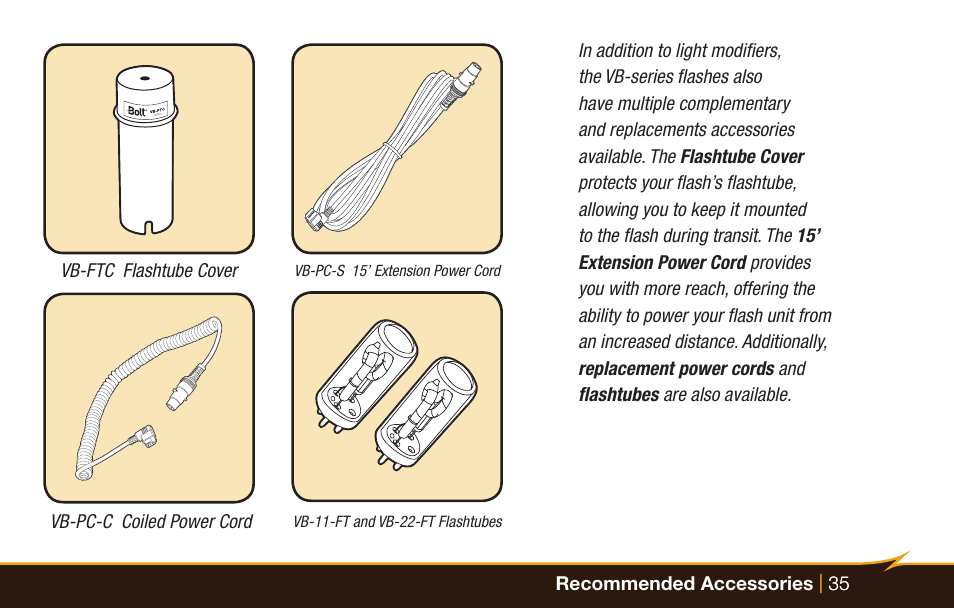 35 recommended accessories | 35, Vb-pc-c coiled power cord vb-ftc flashtube cover | Bolt VB-22 Bare-Bulb Flash User Manual | Page 35 / 36