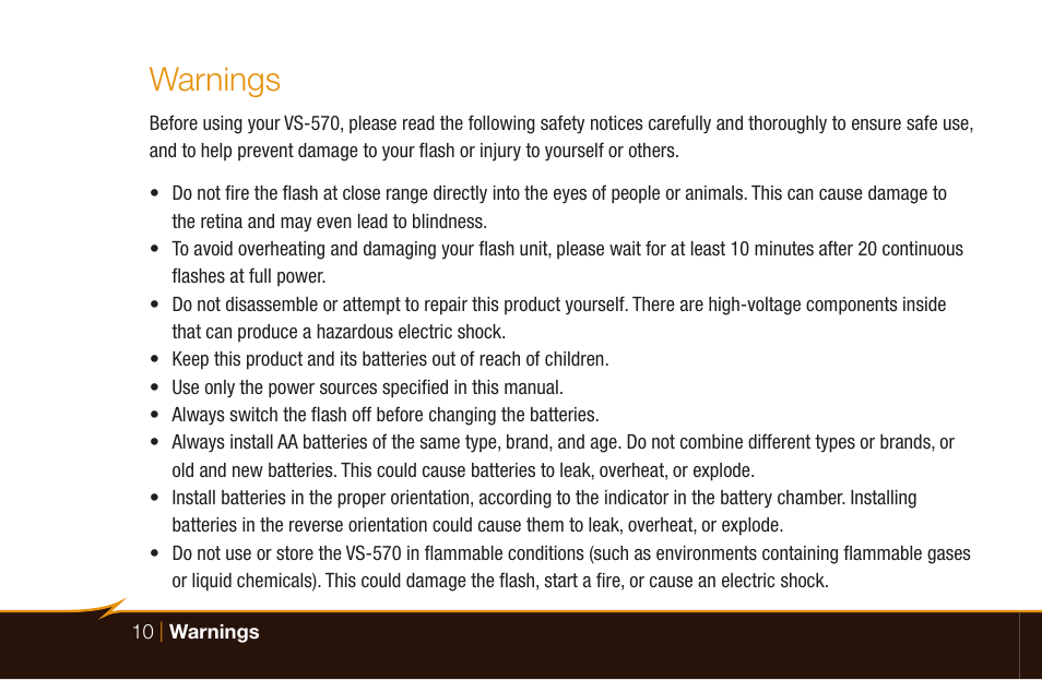 Warnings | Bolt VS-570SMI Wireless TTL Flash for Cameras User Manual | Page 10 / 48