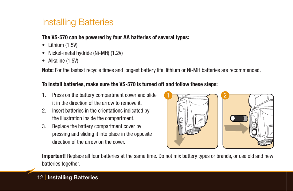 Installing batteries | Bolt VS-570SMI Wireless TTL Flash for Cameras User Manual | Page 12 / 48