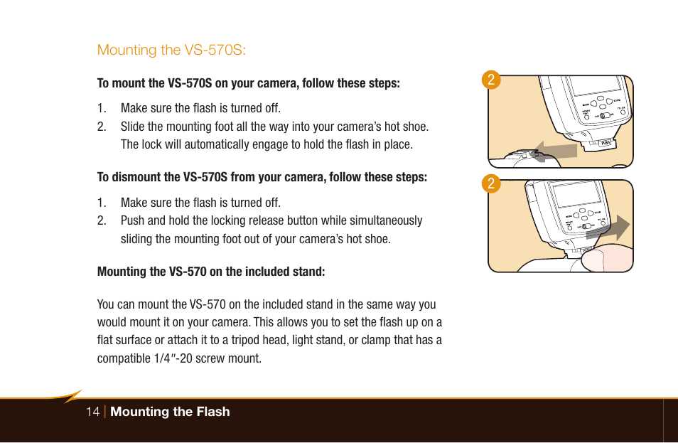 Mounting the vs-570s | Bolt VS-570SMI Wireless TTL Flash for Cameras User Manual | Page 14 / 48