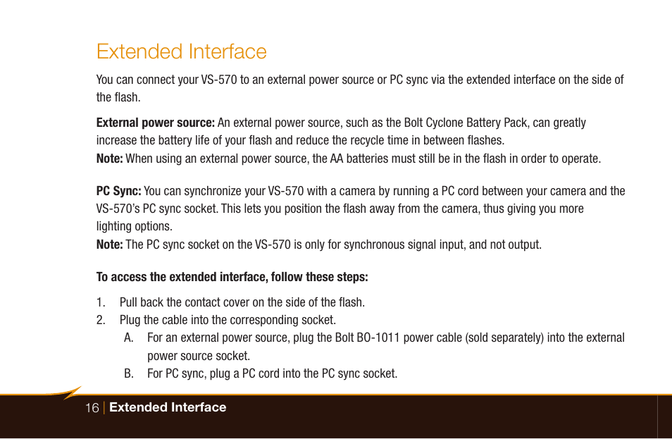 Extended interface | Bolt VS-570SMI Wireless TTL Flash for Cameras User Manual | Page 16 / 48