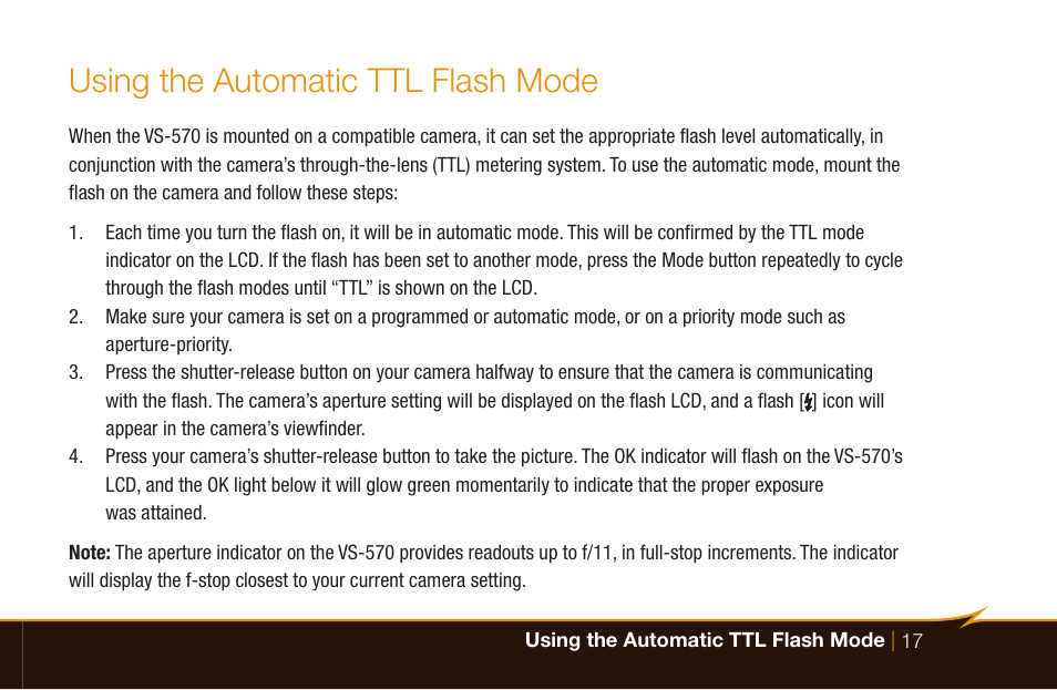 Using the automatic ttl flash mode | Bolt VS-570SMI Wireless TTL Flash for Cameras User Manual | Page 17 / 48