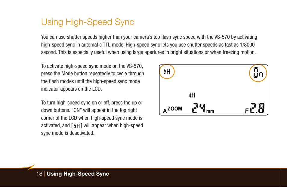 Using high-speed sync | Bolt VS-570SMI Wireless TTL Flash for Cameras User Manual | Page 18 / 48