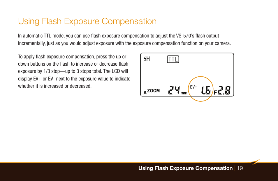 Using flash exposure compensation, Httl | Bolt VS-570SMI Wireless TTL Flash for Cameras User Manual | Page 19 / 48