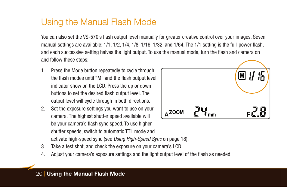 Using the manual flash mode | Bolt VS-570SMI Wireless TTL Flash for Cameras User Manual | Page 20 / 48