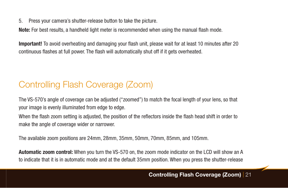 Controlling flash coverage (zoom) | Bolt VS-570SMI Wireless TTL Flash for Cameras User Manual | Page 21 / 48