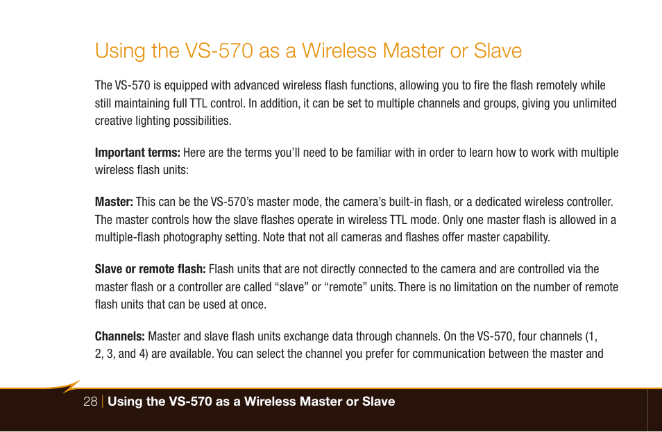 Using the vs-570 as a wireless master or slave | Bolt VS-570SMI Wireless TTL Flash for Cameras User Manual | Page 28 / 48