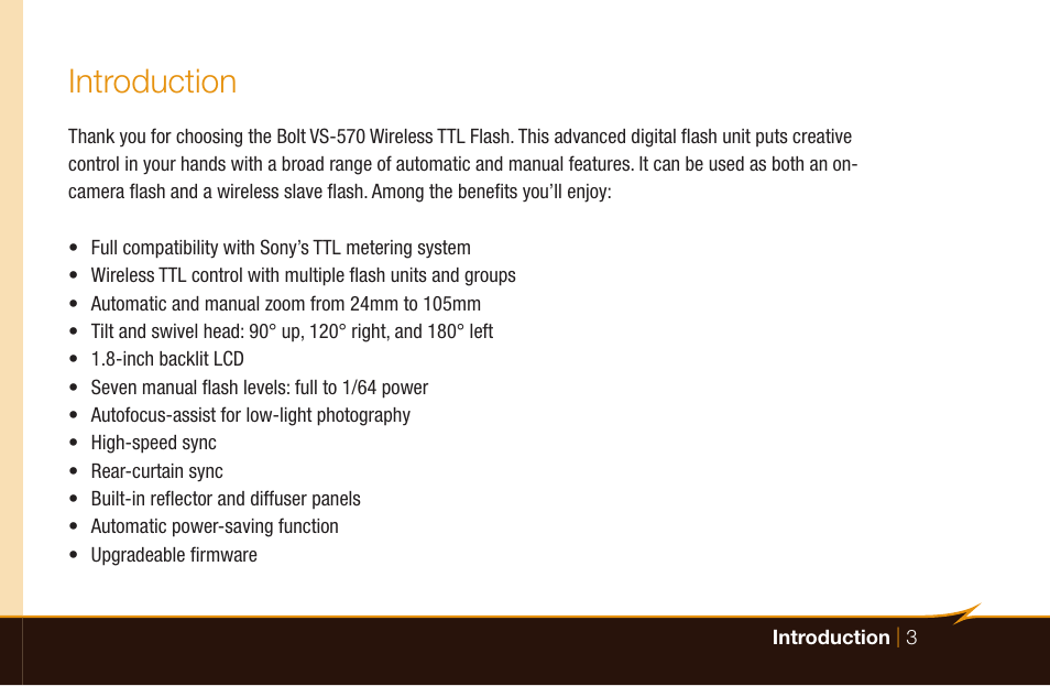 Introduction | Bolt VS-570SMI Wireless TTL Flash for Cameras User Manual | Page 3 / 48