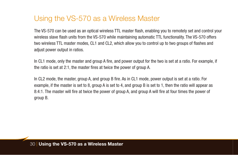 Using the vs-570 as a wireless master | Bolt VS-570SMI Wireless TTL Flash for Cameras User Manual | Page 30 / 48