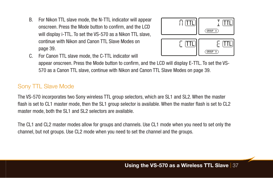 Bolt VS-570SMI Wireless TTL Flash for Cameras User Manual | Page 37 / 48