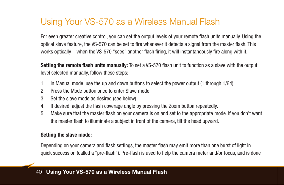 Using your vs-570 as a wireless manual flash | Bolt VS-570SMI Wireless TTL Flash for Cameras User Manual | Page 40 / 48