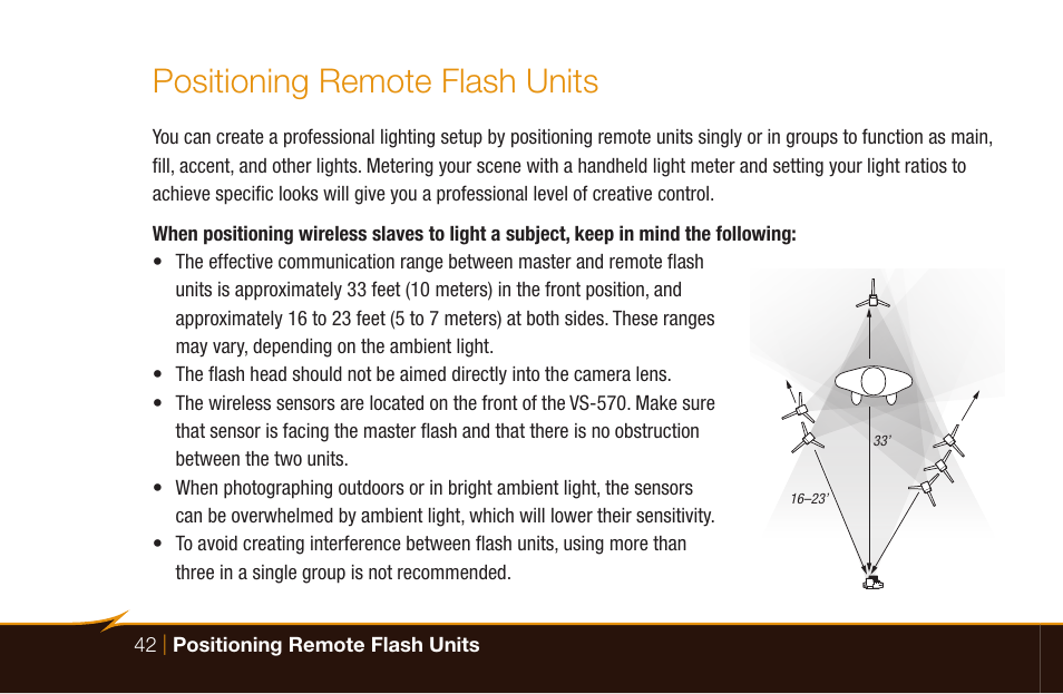 Positioning remote flash units | Bolt VS-570SMI Wireless TTL Flash for Cameras User Manual | Page 42 / 48