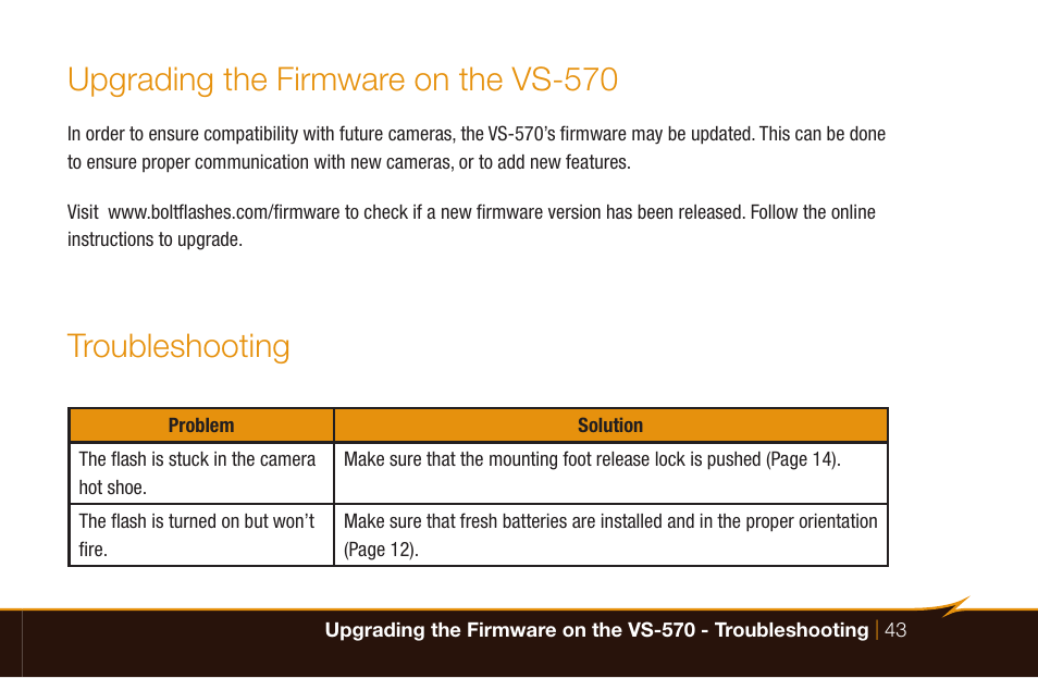Upgrading the firmware on the vs-570, Troubleshooting | Bolt VS-570SMI Wireless TTL Flash for Cameras User Manual | Page 43 / 48