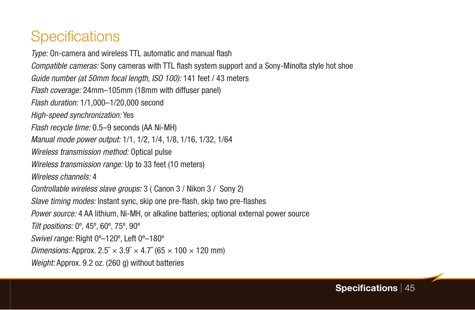Specifications | Bolt VS-570SMI Wireless TTL Flash for Cameras User Manual | Page 45 / 48