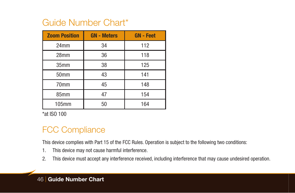 Guide number chart, Fcc compliance | Bolt VS-570SMI Wireless TTL Flash for Cameras User Manual | Page 46 / 48