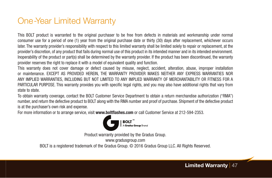 One-year limited warranty | Bolt VS-570SMI Wireless TTL Flash for Cameras User Manual | Page 47 / 48