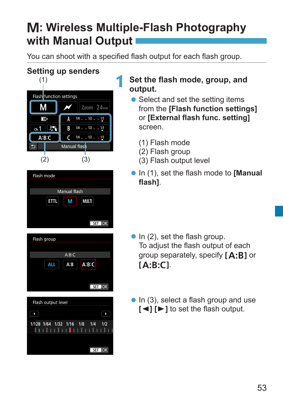 Wireless multiple-flash photography with, Manual output | Canon Speedlite EL-100 User Manual | Page 53 / 64