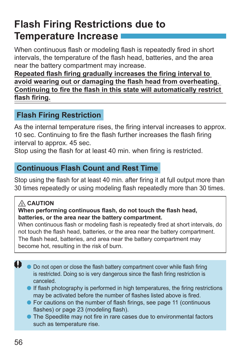 P.56, Flash firing restriction, Continuous flash count and rest time | Canon Speedlite EL-100 User Manual | Page 56 / 64
