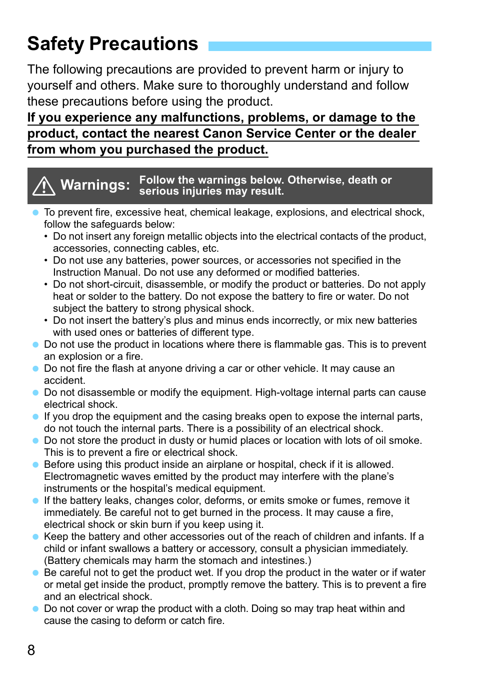Safety precautions, Warnings | Canon Speedlite 430EX III-RT User Manual | Page 8 / 108