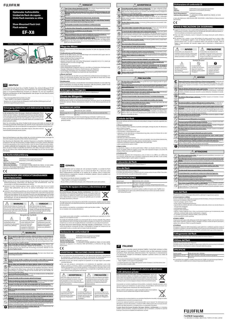 Ef-x8, Italiano, Deutsch | Eg-konformitätserklärung, Warnungen und vorsichtsmaßnahmen (bitte beachten), Warnung, Español, Declaración de conformidad ce, Advertencias y precauciones (favor observar), Advertencia | FujiFilm EF-X8 Flash User Manual | Page 2 / 2