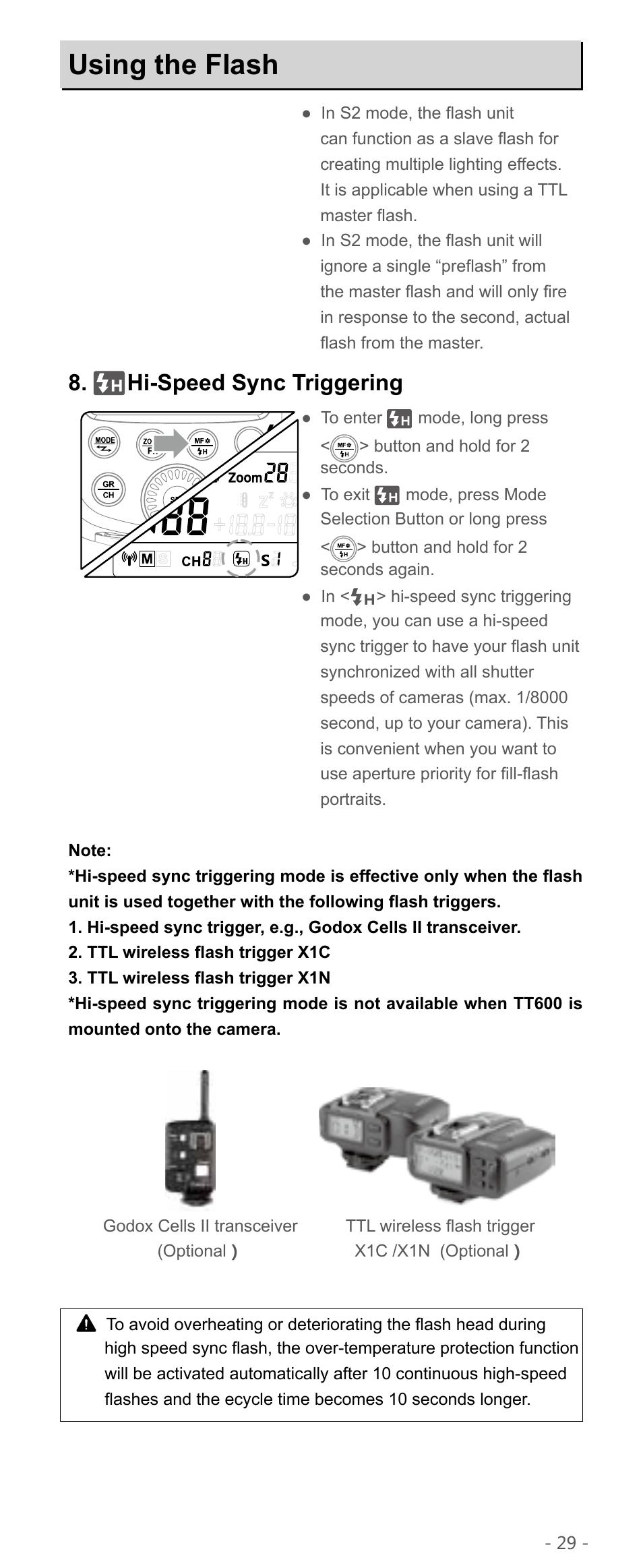 Using the flash, Hi-speed sync triggering | Godox TT600 Thinklite Flash User Manual | Page 12 / 21