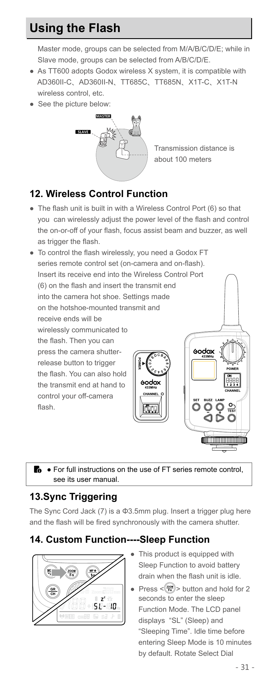 Using the flash, Wireless control function, Sync triggering | Custom function----sleep function | Godox TT600 Thinklite Flash User Manual | Page 14 / 21