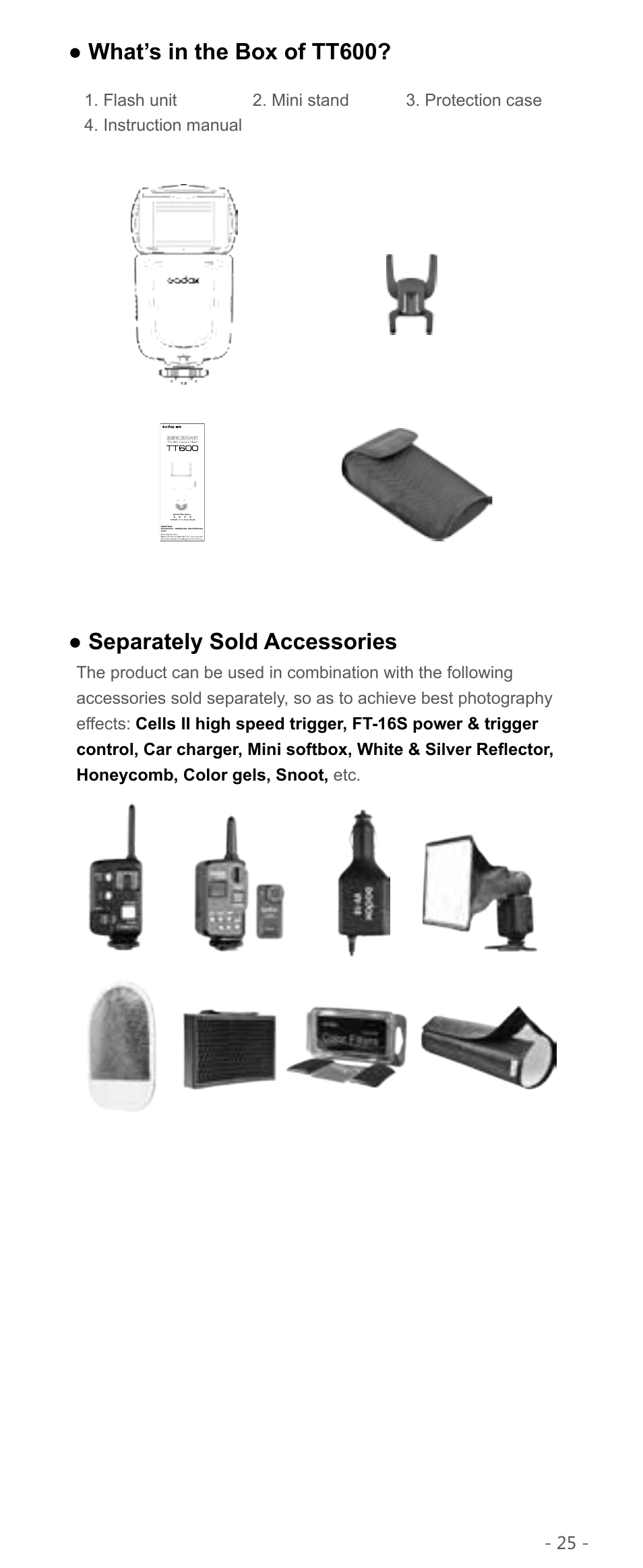 What’s in the box of tt600, Separately sold accessories | Godox TT600 Thinklite Flash User Manual | Page 8 / 21