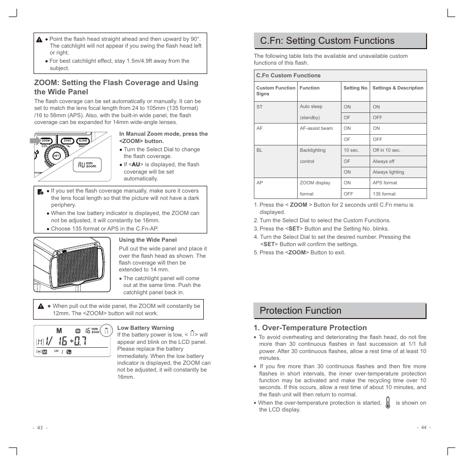 C.fn: setting custom functions, Protection function, Over-temperature protection | Godox TT350F Mini Thinklite TTL Flash for Cameras User Manual | Page 11 / 13