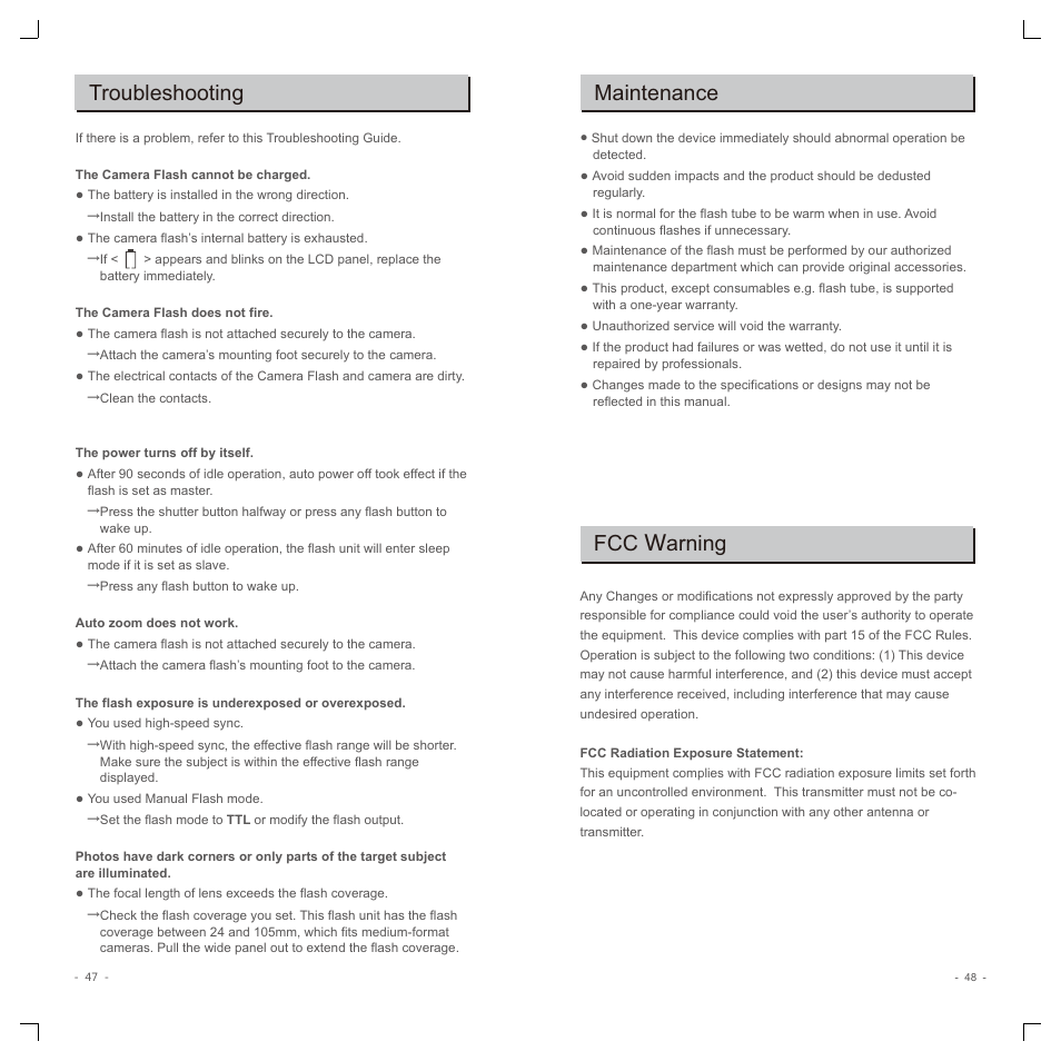 Troubleshooting, Maintenance, Fcc w arning | Godox TT350F Mini Thinklite TTL Flash for Cameras User Manual | Page 13 / 13